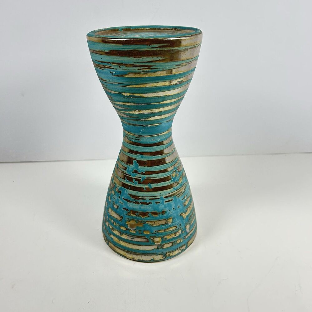Vintage Mid Century Style Turquoise Gold Ceramic Hourglass Candle Holder
